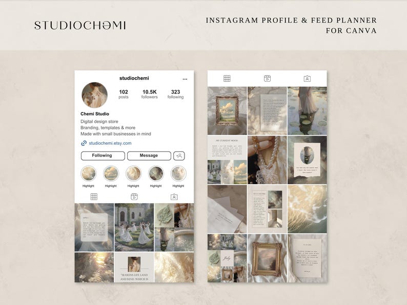 May include: A digital planner template for Instagram featuring a grid of nine images. The images are in a light and airy aesthetic with a neutral color palette of white, cream, and beige. The images include a painting of a landscape, a book with text, a woman in a white dress, a pearl necklace, a bouquet of dried flowers, and a vintage-style frame.