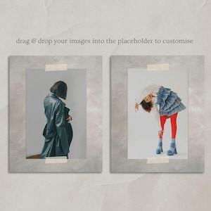 May include: Two framed photographs of women wearing different outfits. The woman on the left is wearing a dark blue jacket and the woman on the right is wearing a white shirt, red pants, and a blue denim skirt.