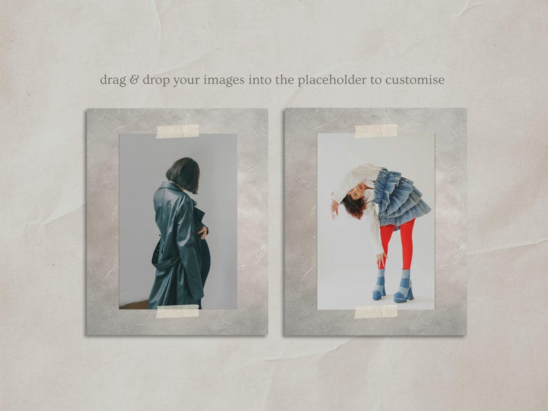 May include: Two framed photographs of women wearing different outfits. The woman on the left is wearing a dark blue jacket and the woman on the right is wearing a white shirt, red pants, and a blue denim skirt.