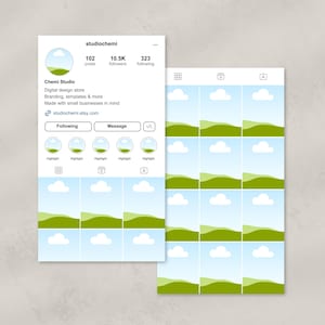 May include: Instagram profile page for Chemi Studio, a digital design store offering branding, templates, and more. The profile picture is a cartoon cloud with a green hill. The profile has 102 posts, 10.5K followers, and 323 following. The page includes a link to the store's Etsy shop.