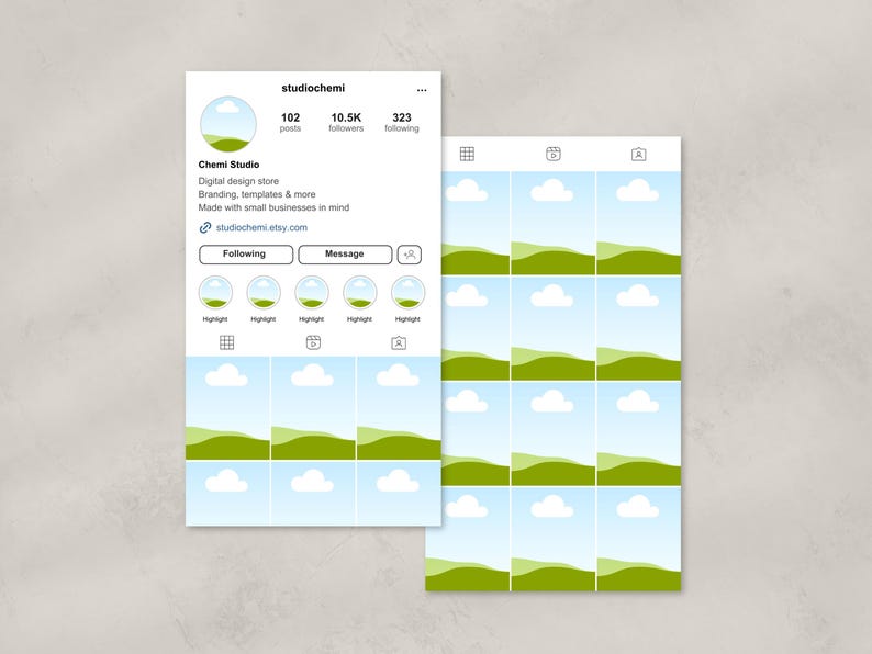 May include: Instagram profile page for Chemi Studio, a digital design store offering branding, templates, and more. The profile picture is a cartoon cloud with a green hill. The profile has 102 posts, 10.5K followers, and 323 following. The page includes a link to the store's Etsy shop.