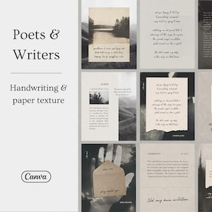 Plantillas de Instagram para: poetas, escritores, blogueros, artistas, autores, publicaciones e historias editables en Canva, letras en papel Polaroid para álbumes de recortes y escritura a mano