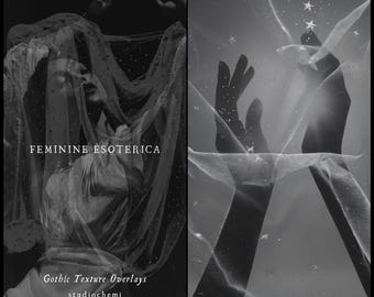 Feminine Esoterica - Mystical Editorial PNG overlays, Gothic Spiritual Black & White Photo Voile, Lace, Stars, Photo Textures for Posters