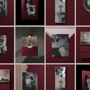 Editorial Instagram Posts in Burgundy Deep Cherry Red, Aesthetic Canva Templates, Magazine Poetry Collage Photo Diary, Paper Texture B1