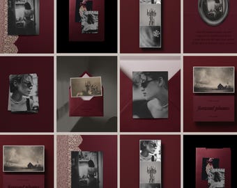 Publicaciones editoriales de Instagram en rojo cereza intenso burdeos, plantillas estéticas de Canva, diario fotográfico con collage de poesía de revista, textura de papel B1
