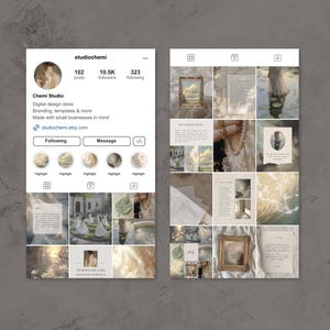 May include: Instagram profile page for a digital design store called Chemi Studio. The profile picture is a painting of a woman in a white dress. The profile has 102 posts, 10.5K followers, and 323 following. The bio says "Digital design store, Branding, templates & more, Made with small businesses in mind." The profile also includes a link to the store's Etsy shop, studiochem.etsy.com. The page also includes a grid of nine images, each with a different design. The images are all in a light and airy style, with a focus on nature and beauty.