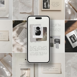 Modelli di post di Instagram Canva per poeti, scrittori, blogger, artisti e autori / Citazioni cartacee modificabili, macchina da scrivere, collage editoriale neutro