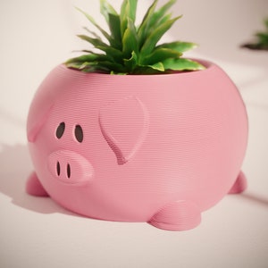 Puede incluir: Una maceta rosa con forma de cerdo con una planta verde en su interior. La maceta tiene una superficie texturizada y una linda cara de cerdo.