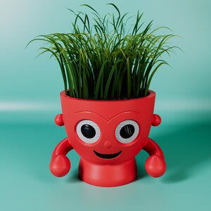 May include: A red planter shaped like a smiling face with two arms, holding a green plant with long blades of grass.
