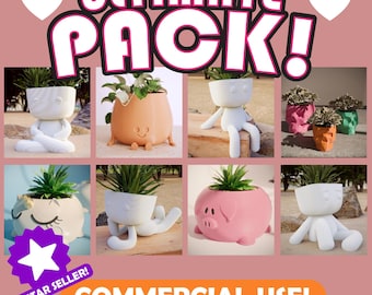 May include: An assortment of unique planters, each holding a succulent plant. The planters come in various shapes, including a meditating figure, a smiling character, and a pig. The text "ULTIMATE PACK!" and "COMMERCIAL USE!" are displayed.