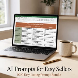 May include: A laptop displaying an Excel spreadsheet titled AI Prompts for Etsy Sellers (1010+) with columns for Category, Prompt Description, AI Prompt, and Keywords. Beside the laptop sits a speckled ceramic mug and a gold pen on a desk.
