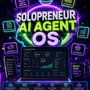 Op de afbeelding: Een digitaal dashboard getiteld Solopreneur AI Agent OS met een laptop die een Command Center toont, een smartphone met een dagplanning en een mok met de tekst Focus, Plan, Execute, Grow, omringd door neon iconen.