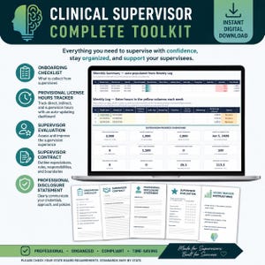 Puede incluir: Un kit de herramientas digital para supervisores clínicos, con un portátil que muestra un panel y documentos. La imagen incluye el texto "CLINICAL SUPERVISOR COMPLETE TOOLKIT" y características como una lista de verificación de incorporación y un rastreador de horas.