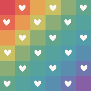May include: A square grid pattern featuring a vibrant rainbow gradient background transitioning from red to purple. Each individual square contains a small, solid white heart shape centred within it, creating a repeating motif across the entire surface.