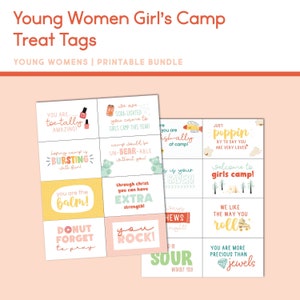 May include: A set of printable treat tags for a young women's camp. The tags feature colorful designs and positive messages like "You are the balm!" and "You rock!"