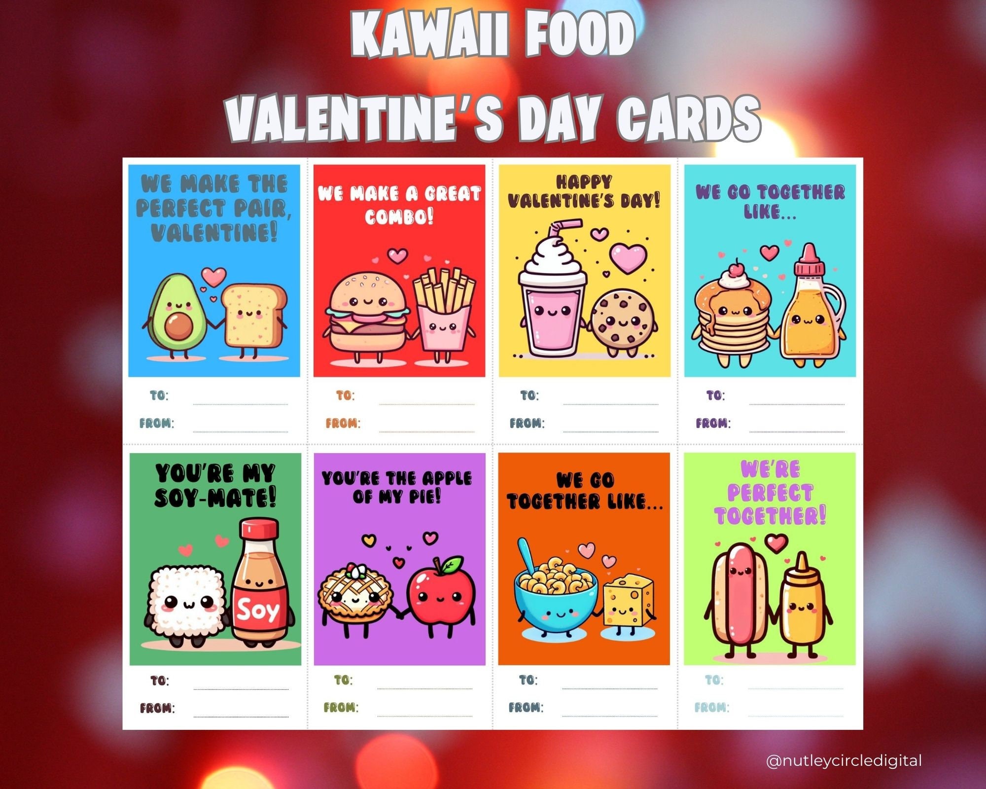 Printable Kawaii Food Valentines Day Cards for Kids - Set of 8 Adorable ...