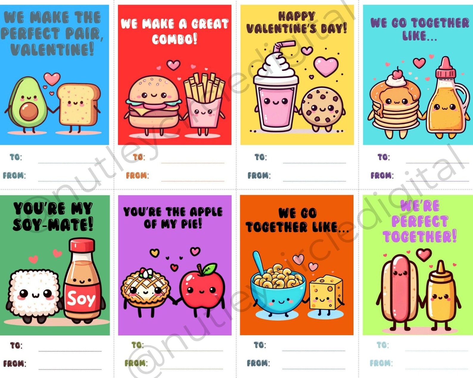 Printable Kawaii Food Valentines Day Cards for Kids - Set of 8 Adorable ...