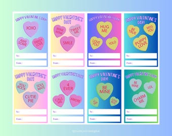 Candy Hearts Valentines Day Cards for Kids - Set of 8 Candy Heart Sayings, Fun Sayings, Cool Valentines, Classroom Valentines, Printable