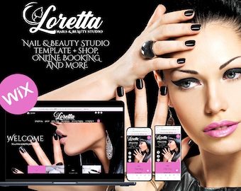 May include: Image promoting Loretta Nails & Beauty Studio, featuring a woman with black nail polish, a laptop, and two smartphones displaying the studio's website and app. Text includes "Nail & Beauty Studio Template + Shop, Online Booking, and More."