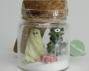 Pet Ghost in a Jar Flowy Sheet Ghost Glow in the Dark Handmade Miniature Diorama Halloween Decor Ghost Collection WINTER CHRISTMAS Edition