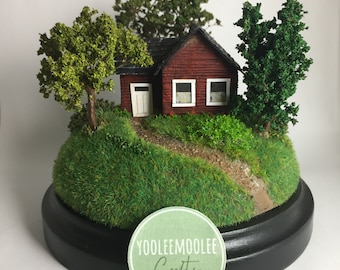 Miniature Red House Diorama on Green Hill – “Home Sweet Home” Rustic Countryside Scene, Handmade Tabletop Decor
