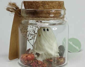 Pet Ghost in a Jar Flowy Sheet Ghost Glow in the Dark Handmade Miniature Diorama Halloween Decor Ghost Collection AUTUMN Edition