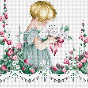 Little GIRL pick FLOWER cross stitch pattern printable baby SHOWER patterns