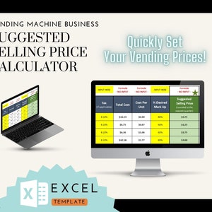 Könnte beinhalten: Ein Computerbildschirm zeigt eine Excel-Tabellenvorlage zur Berechnung der Verkaufspreise von Verkaufsautomaten. Die Tabelle enthält Spalten für Steuern, Gesamtkosten, Kosten pro Einheit, gewünschter Aufschlag und empfohlener Verkaufspreis. Der Text "Quickly Set Your Vending Prices!" wird über der Tabelle angezeigt.