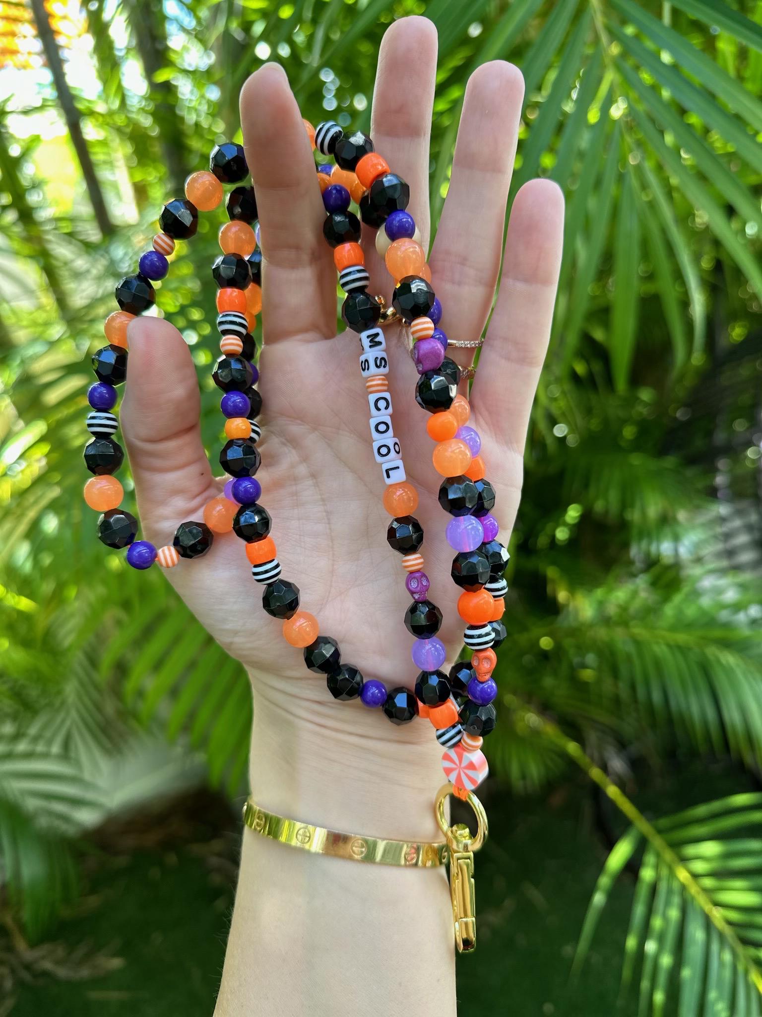Custom Halloween lanyard | personalized teacher lanyard | black and orange beaded lanyard for keys | badge holder | holiday badge necklace