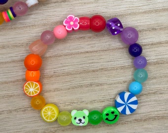 Rainbow Bead Stretch Bracelet: Y2K 90s Kandi Rave Charm Bracelet