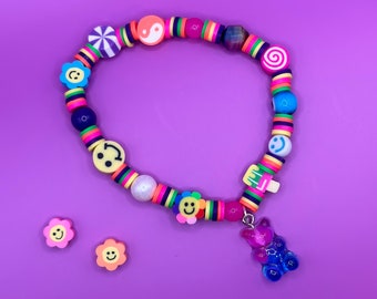 Y2K Beaded Bracelet, Multi-Color Kandi Rave Jewelry with Gummy Bear Charm