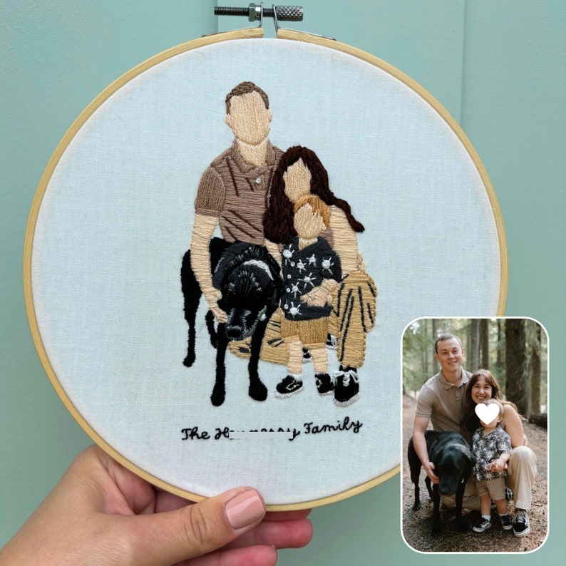 Op de afbeelding: Borduurwerk in een ronde hoepel met een gezin van drie met een zwarte hond. De borduurwerk is op een witte stof achtergrond met de tekst "The [family name] Family" onderaan.