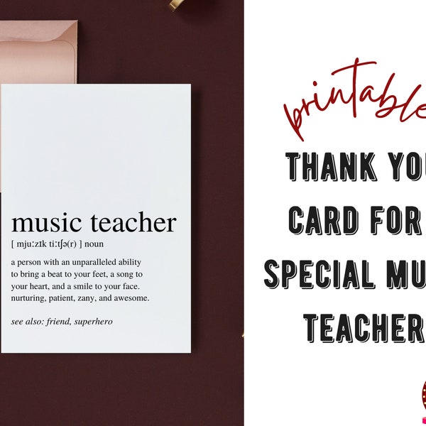 Music Teacher Definition Card | Teacher Appreciation Week, Card for Choir, Band Instructor | Printable Music Teacher Appreciation Card, Gift