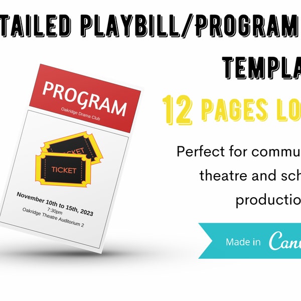 Theatre Playbill, Programme Canva Template | 12-Page Printable Program for Theatre, Musical, Concert, Play, Music, Recital | School, College