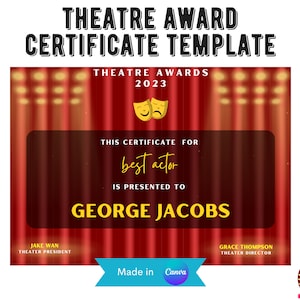 Award Certificate Template for Actor, Director | Editable on Canva | Editable Award Certificate | Musical Theatre Award