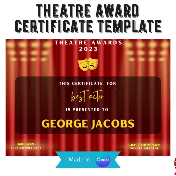 Award Certificate Template for Actor, Director | Editable on Canva | Editable Award Certificate | Musical Theatre Award