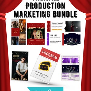 Könnte beinhalten: Ein Marketing-Paket für Theaterproduktionen mit Vorlagen für Plakate, Eintrittskarten, Programmhefte und Social-Media-Beiträge. Das Design zeigt rote Vorhänge an den Seiten sowie den Text "THEATRE PRODUCTION MARKETING BUNDLE" und "Edit in Canva".