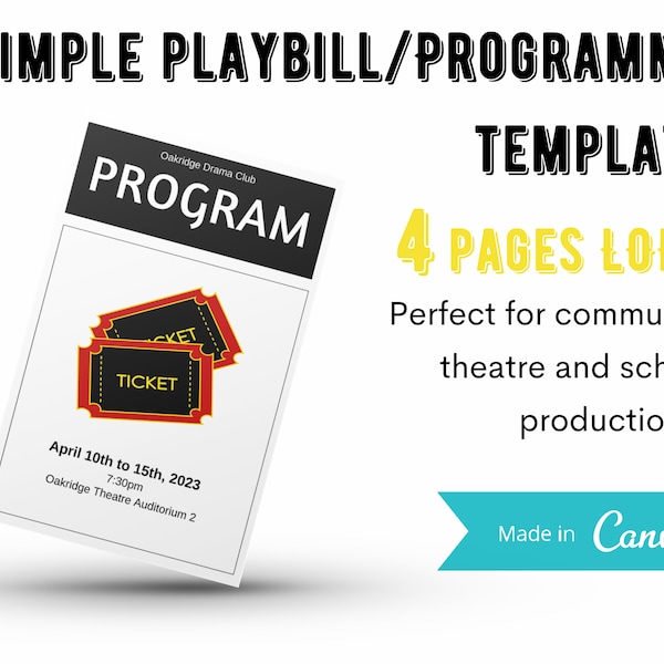 Theatre Playbill, Programme Canva Template | 4-Page Printable Program for Theatre, Musical, Concert, Play, Music, Recital | School, College