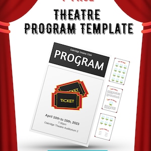 May include: A 4-page theatre program template featuring a black and white cover with red and gold ticket graphics, text reading Oakridge Drama Club, Program, April 10th to 15th, 2023, 7:30pm, Oakridge Theatre Auditorium 2, and an Edit in Canva logo.