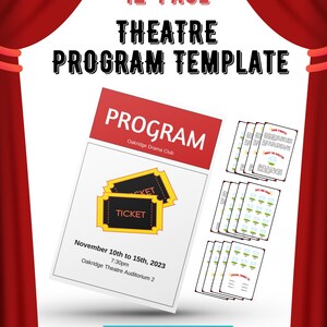 May include: A 12-page theatre programme template featuring a red and white cover with ticket graphics, the text "PROGRAM Oakridge Drama Club", "November 10th to 15th, 2023", "7:30pm", and "Oakridge Theatre Auditorium 2", alongside multiple interior page layouts.