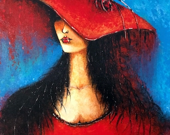 Lady in Red Original Acrylic Painting/ Beautiful woman Vintage Style Fine Art Signed by Ben Sharifian