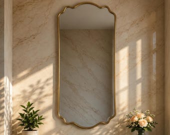 Miroir mural plus haut festonné, grand miroir de courtoisie orné en laiton antique pour salle de bain, miroir arqué ondulé, miroir symétrique pour mur