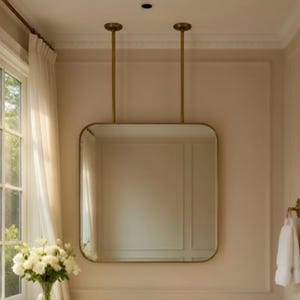Ceiling Square Brass Mount Mirror Edge Rounded Frame with Pole & Canopy - Handmade Hanging Vanity Mirror for Bathroom - Architectural Decor