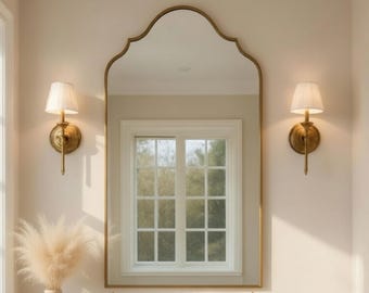 Scalloped Arch Brass Mirror, Elegant Bathroom Vanity Mirror, Antique Framed Wall Mirror, Modern Classic Vanity Decor, Luxury Arched Mirror