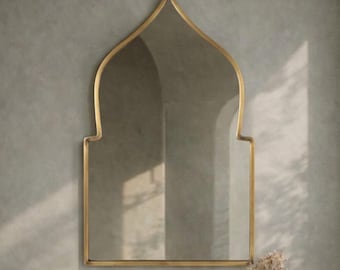 Moroccan Arch Brass Mirror, Vinatge Wall Bathroom Mirror, Scalloped Arched Mirror