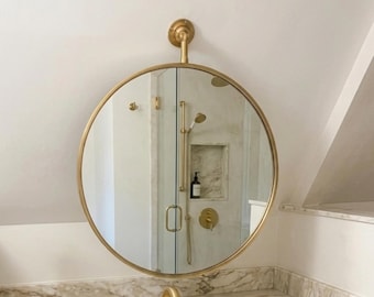 Quadris Ceiling Suspended Round Mirror for Sloped Ceiling,Handmade Hanging Mirror with Custom Canopy,Antique Brass Mirror for Angled ceiling