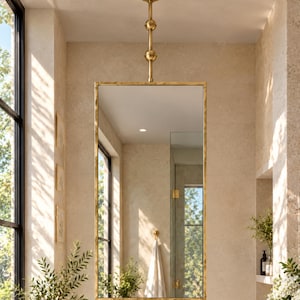 Ceiling Hanging Brass Mirror | Suspended Rectangular Flat Frame Hanging Vanity Mirror | Antique Brass Ceiling Mount Mirror