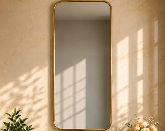 Brass Rectangle Mirror, Rounded Corner Wall Mirror, Modern Vanity Bathroom Mirror, Custom Size Antique Brass Frame Mirror, Minimalist Decor