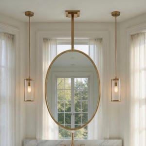 Oval Ceiling Suspended Brass Mirror – Hanging Vanity Mirror with Canopy – Antique Brass Frame Ceiling Mirror – Modern Bathroom Mirror