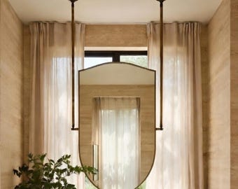 Ceiling Mounted Arch Shield Mirror with Adjustable Poles, Curved Arched Top Edge Hanging Vanity Mirror, Modern Bathroom Suspended Mirror